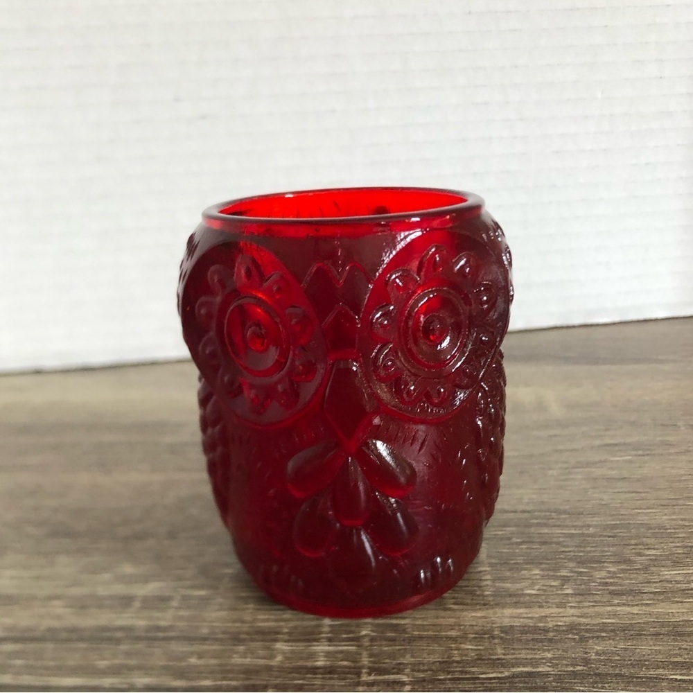 Vtg Ruby Glass Owl Votive Holder